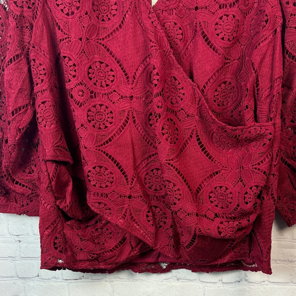 BloomChic Red Crochet V-Neck Wrap Blouse Plus Size 2X - Picture 6 of 7